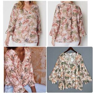 NWT J Jill LOVE LINEN Top Size 4X Flounce Sleeve V-Neck Tropical Palm Leaves NEW